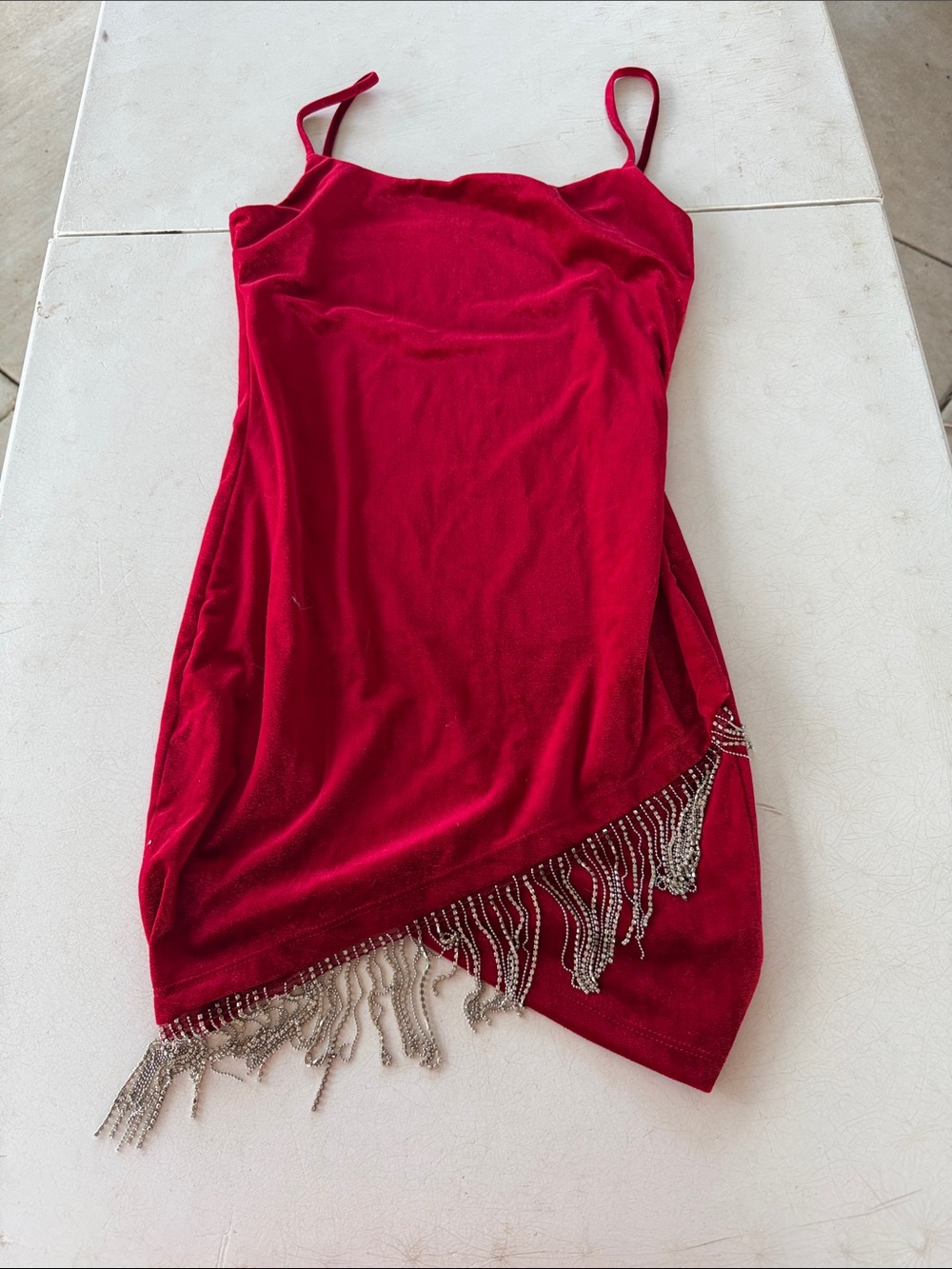 Attirance Red Velvet Asymmetric Slip Dress with Silver Fringe